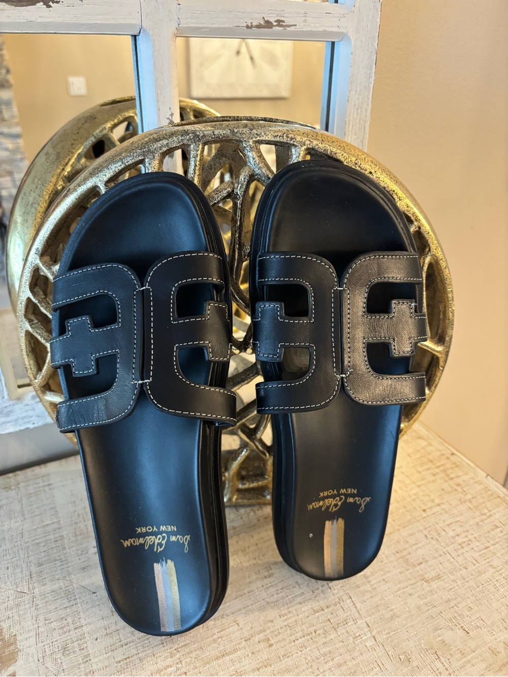 SAM EDELMAN Black Leather VALERI Logo slide Sandals with Cushioned Footbed